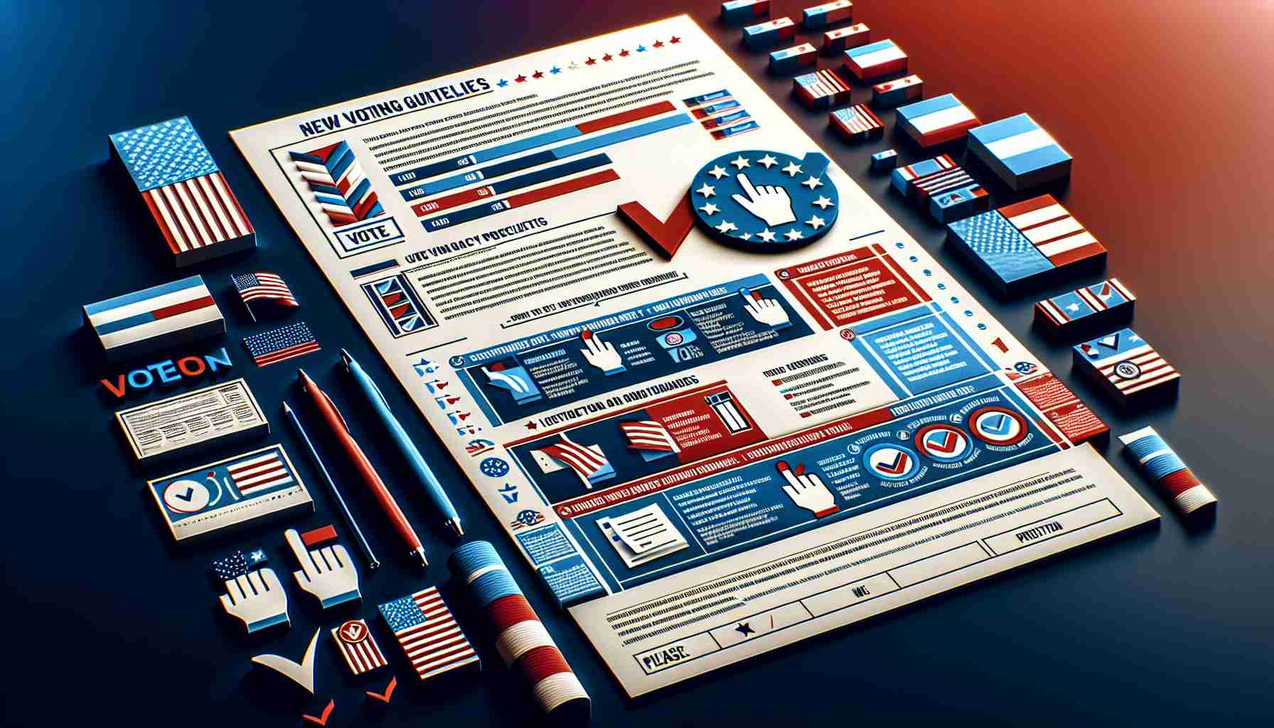 A high-definition, realistic image of new voting guidelines for an upcoming election. The image could feature a set of documents or an infographic detailing the voting procedures, important dates, and instructions for casting a vote. The color scheme can be a combination of traditional patriotic colors such as red, white, and blue. There should be symbols related to democracy, like ballot boxes, pointing hands and check marks. Please, avoid including any identification of specific real politicians, parties, or countries.