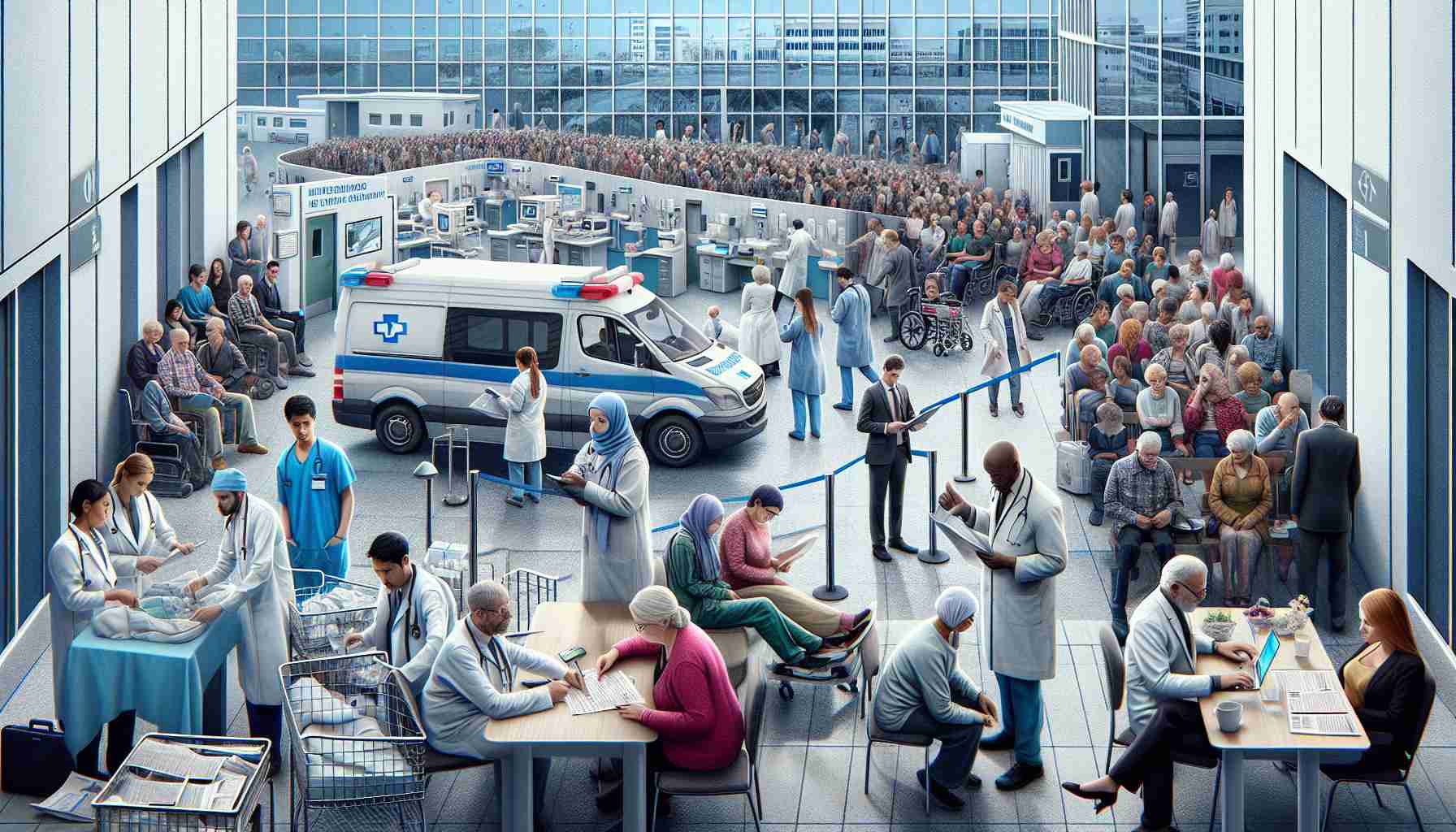 A detailed and realistic high definition image showcasing various challenges faced by the modern healthcare system in society. The image may include scenes like a busy hospital with overworked doctors of diverse descents and genders, an underfunded rural clinic struggling with resources, a queue of people of different descents and genders waiting for medical attention, and a senior citizen navigating through complex paperwork for insurance. The entire atmosphere should reflect the stress, complexity, and bureaucracy often seen in today's healthcare institutions.