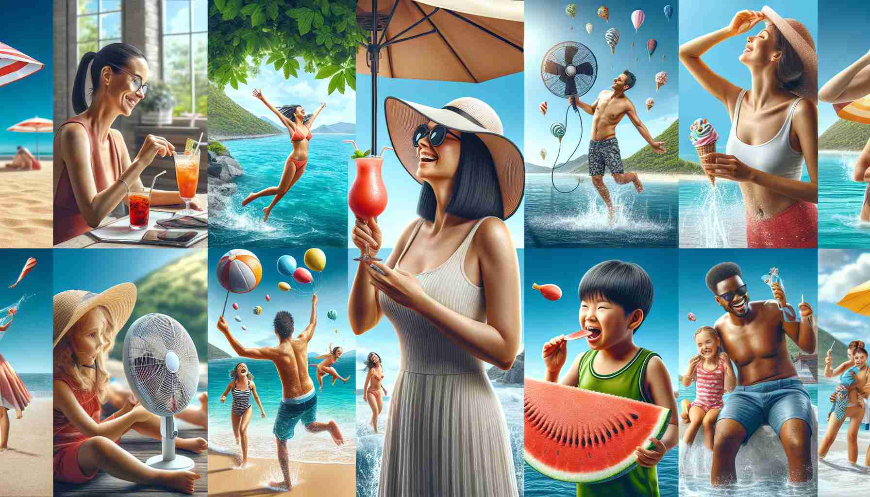 High-definition, realistic image illustrating various ways to beat the summer heat. It could include a Caucasian woman wearing a wide-brimmed hat and sipping a cold, refreshing drink under the shade of an umbrella by the beach. Nearby, a Hispanic man joyfully leaps into the crystal clear ocean. In another section of the image, a middle-eastern child is seen delighting in a slice of watermelon, while an Asian woman cools off with a portable fan. A Black man is shown enjoying an ice cream under the leafy canopy of a tree, and a lively South-Asian family is seen having a water balloon fight.