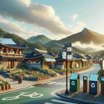 A high-definition, realistic image of the Bukchon Hanok Village revitalized for sustainable tourism. This beautiful village in South Korea is known for its preserved traditional Korean houses, the 'hanok'. In this image, visible signs of sustainable initiatives like recycling bins, solar panels, well-maintained green areas, and informative signboards educating tourists about sustainable practices should be prominent, without compromising the village's historic aesthetic and cultural authenticity.