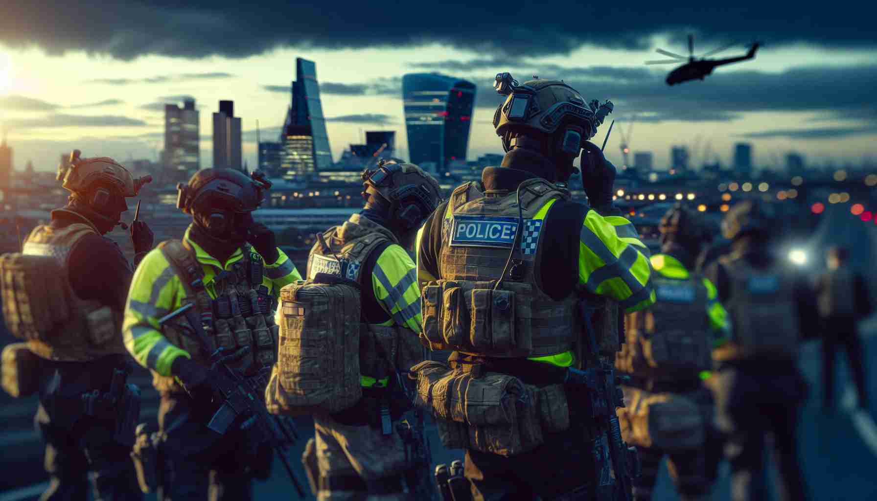 Detailed image of a manhunt operation scene. Showcase British law enforcement officers, both male and female, wearing high-visibility jackets and equipped with communication devices, conducting searches in different locations. Capture also the darkening evening sky implying a sense of urgency, and a blurry London cityscape in the background for contextual placement. Provide a high-resolution, realistic depiction of the scene.