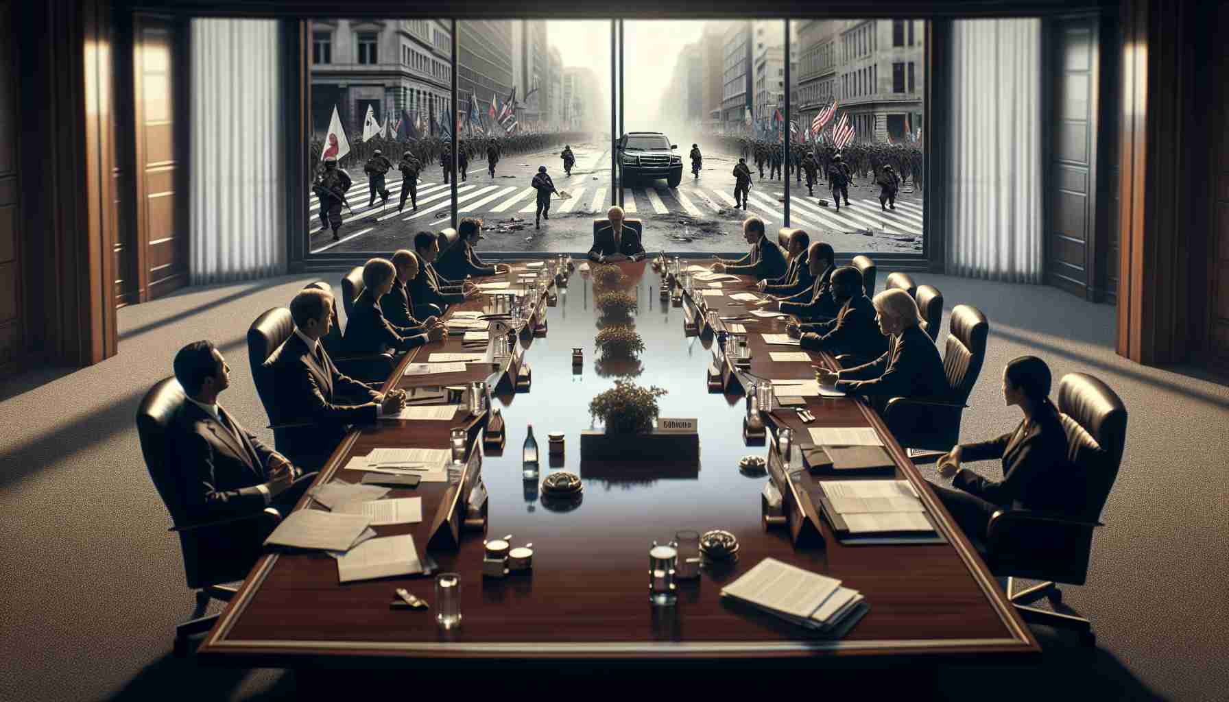 Generate an image of a realistic, high-definition scene showing the negotiation process for peace between two nations. Portray the diplomatic representatives of both sides seated at a large polished wooden conference table brimming with official papers. Emanating from the exterior, signs of recent unrest add a sense of urgency to the proceedings. Outside the window, visible remnants of protests such as deserted streets or banners and posters calling for peace provide context. Note: The negotiators are from diverse backgrounds - one is a Caucasian woman and the other is a South Asian man.