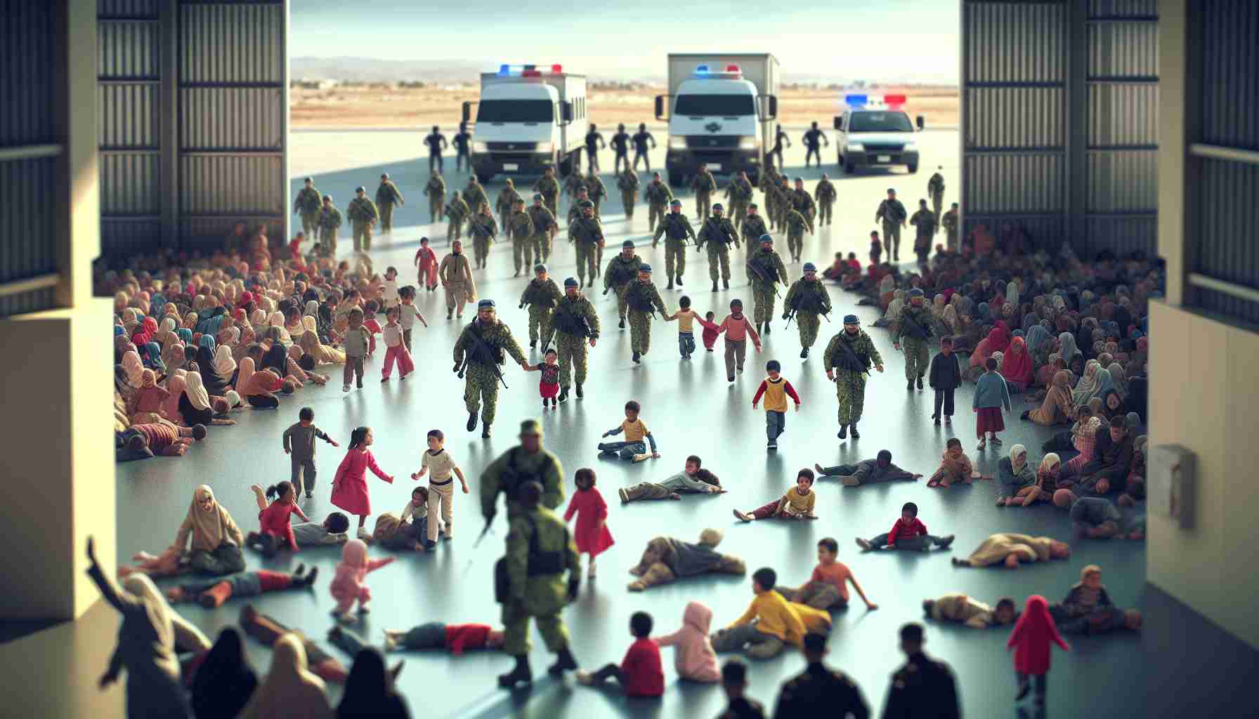 A High Definition photo realism of a scene representing children of various descents and genders being safely evacuated by security operatives due to an increase in security measures. This image represents relief, safety, and the efficiency of the security measures. A distant background should depict well-organized security personnel directing the evacuation process.