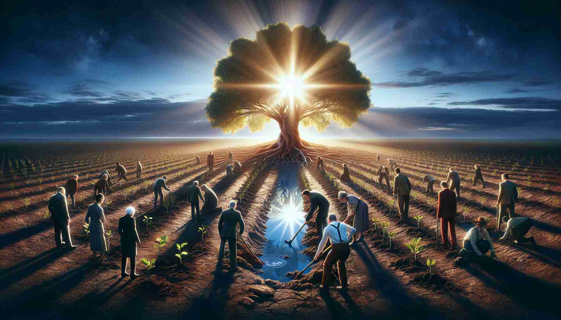 A realistic, high-definition rendition of a metaphorical scene representing the emergence of a new political faction in Europe. The scene might feature a rising sun reflecting brilliantly on a vast land, symbolizing a promising dawn. Dominating the picture at the centre could be a majestic tree with new sprouts, representing the growth and expansion of the political group. It might also include a group of diverse individuals, both male and female of different descents such as Caucasian, Hispanic, and Middle-Eastern, cooperatively planting or watering this tree, symbolizing unity and communal effort