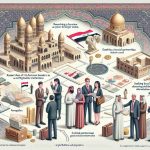 A high-definition, realistic illustration showcasing the process of establishing a business as a foreigner in Iraq. The image should depict a diverse group of individuals of different genders and descents - a South Asian man, a Caucasian woman, and a Middle-Eastern man engaging in meaningful interactions. Key steps and considerations such as researching Iraqi market trends, crafting a business plan, seeking local partnerships, obtaining required legal documentation, and meeting with local authorities should be visually represented. An Arabesque background, and aspects of Iraqi culture can also be subtly included for additional context.