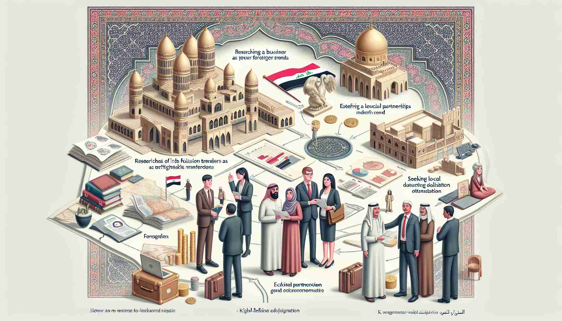 A high-definition, realistic illustration showcasing the process of establishing a business as a foreigner in Iraq. The image should depict a diverse group of individuals of different genders and descents - a South Asian man, a Caucasian woman, and a Middle-Eastern man engaging in meaningful interactions. Key steps and considerations such as researching Iraqi market trends, crafting a business plan, seeking local partnerships, obtaining required legal documentation, and meeting with local authorities should be visually represented. An Arabesque background, and aspects of Iraqi culture can also be subtly included for additional context.