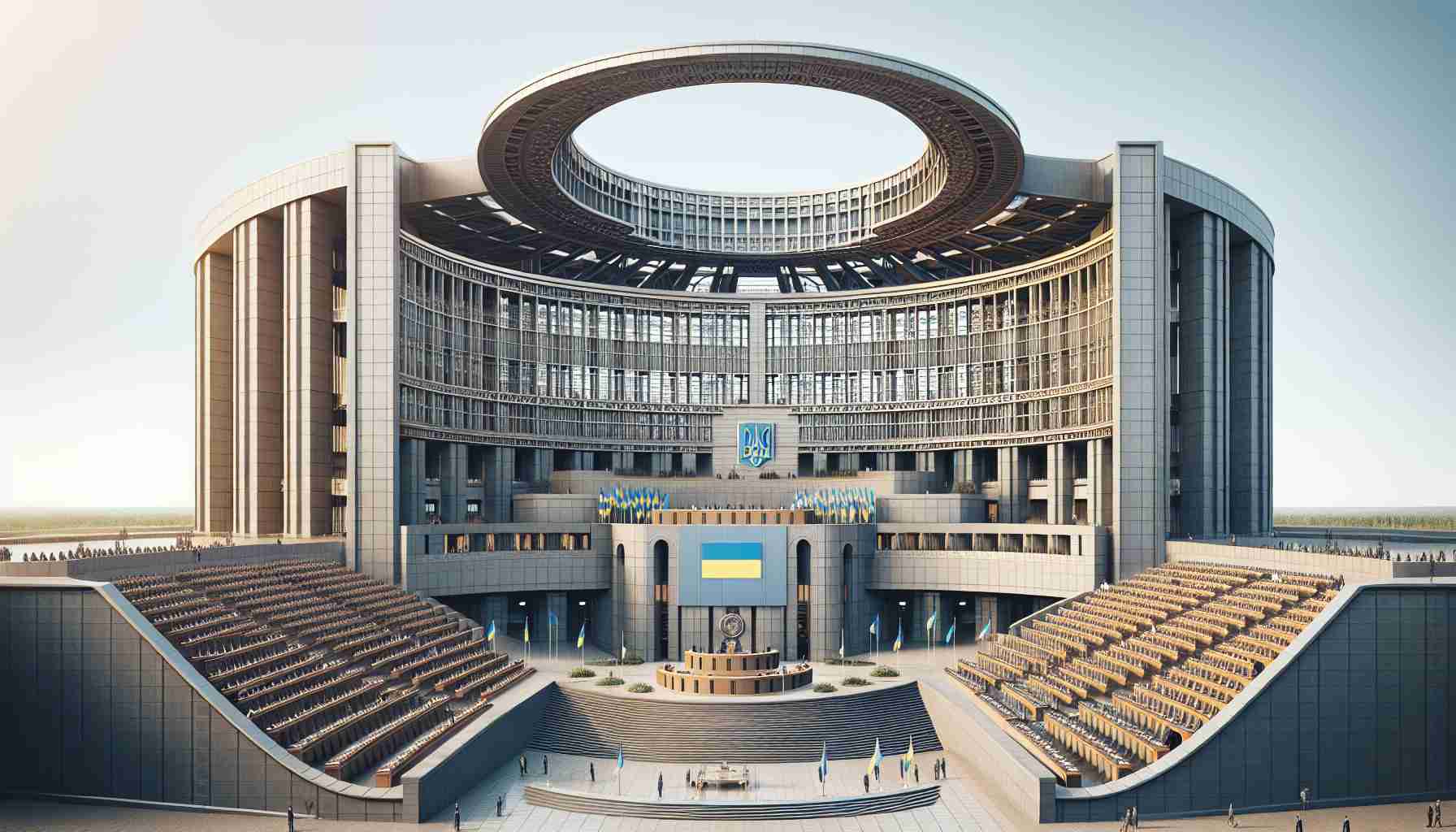 Image of a grand edifice, representative of a legislative assembly in Europe, standing united in support of Ukraine. The architecture should be an amalgamation of modern engineering techniques, showcasing a large semi-circular chamber with rows of desks and microphones. There should be a banner or symbolic element that signifies support for Ukraine, such as a display of the Ukrainian flag. It should be a daytime exterior shot with clear skies. Please make sure this image has a High Definition quality.