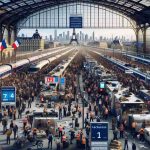 Create a highly-detailed and realistic image depicting a scene of chaos at a railway station in Paris, with a connection to an upcoming international sports event, likely the Olympics. The station should be bustling with confused travelers and long lines at ticket counters. There may also be signs indicating delays or cancellations, and anxious security personnel trying to maintain order. The skyline of Paris, including famous landmarks like the Eiffel Tower, should be visible in the background, hinting at the city's distinguished culture amidst the confusion.