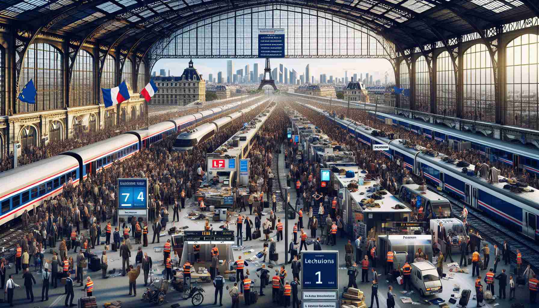 Create a highly-detailed and realistic image depicting a scene of chaos at a railway station in Paris, with a connection to an upcoming international sports event, likely the Olympics. The station should be bustling with confused travelers and long lines at ticket counters. There may also be signs indicating delays or cancellations, and anxious security personnel trying to maintain order. The skyline of Paris, including famous landmarks like the Eiffel Tower, should be visible in the background, hinting at the city's distinguished culture amidst the confusion.