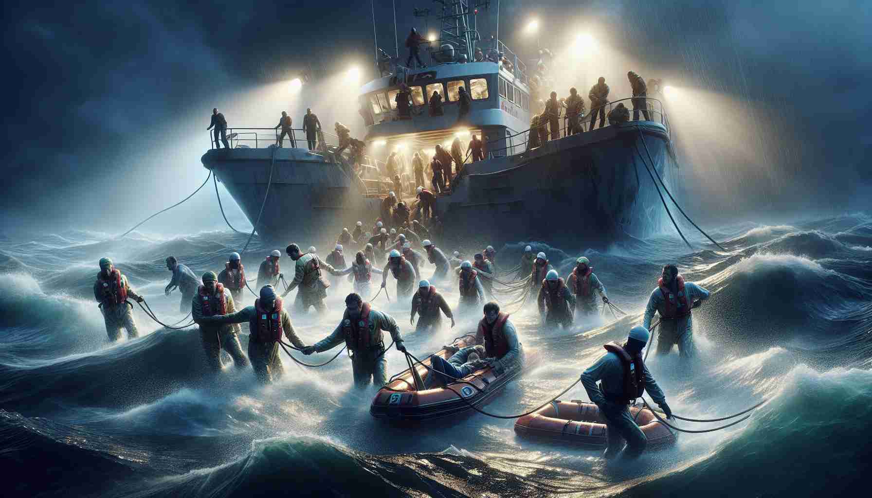 A high-definition, realistic image of a maritime tragedy averted. In this scene, a successful rescue mission is underway, with rescue workers of various genders and descents working tirelessly to save dozens of individuals. In the midst of turbulent waters, a large rescue vessel is visible, illuminated by spotlights. People are being hoisted aboard the vessel with the help of life lines. The expressions on their faces range from relief to exhaustion. The scene is tinged with a mix of desperation and hope, capturing the very essence of a maritime rescue operation.