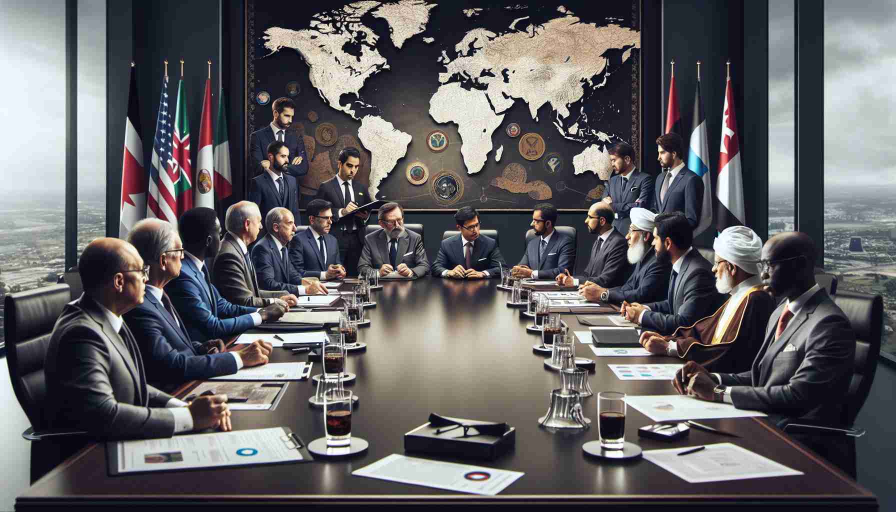 A high-definition scene depicting a serious global conference room, with tension palpable in the air. Various international delegates, including men and women of diverse descents such as Caucasian, Hispanic, Middle-Eastern, Black, and South Asian, are engaged in heated discussions. A large world map is on the wall, and there are pieces of official documents scattered about the conference table, symbolising differing views on foreign visits. Guided by mutual respect, despite the disagreement, the leaders aim to resolve their issues diplomatically.