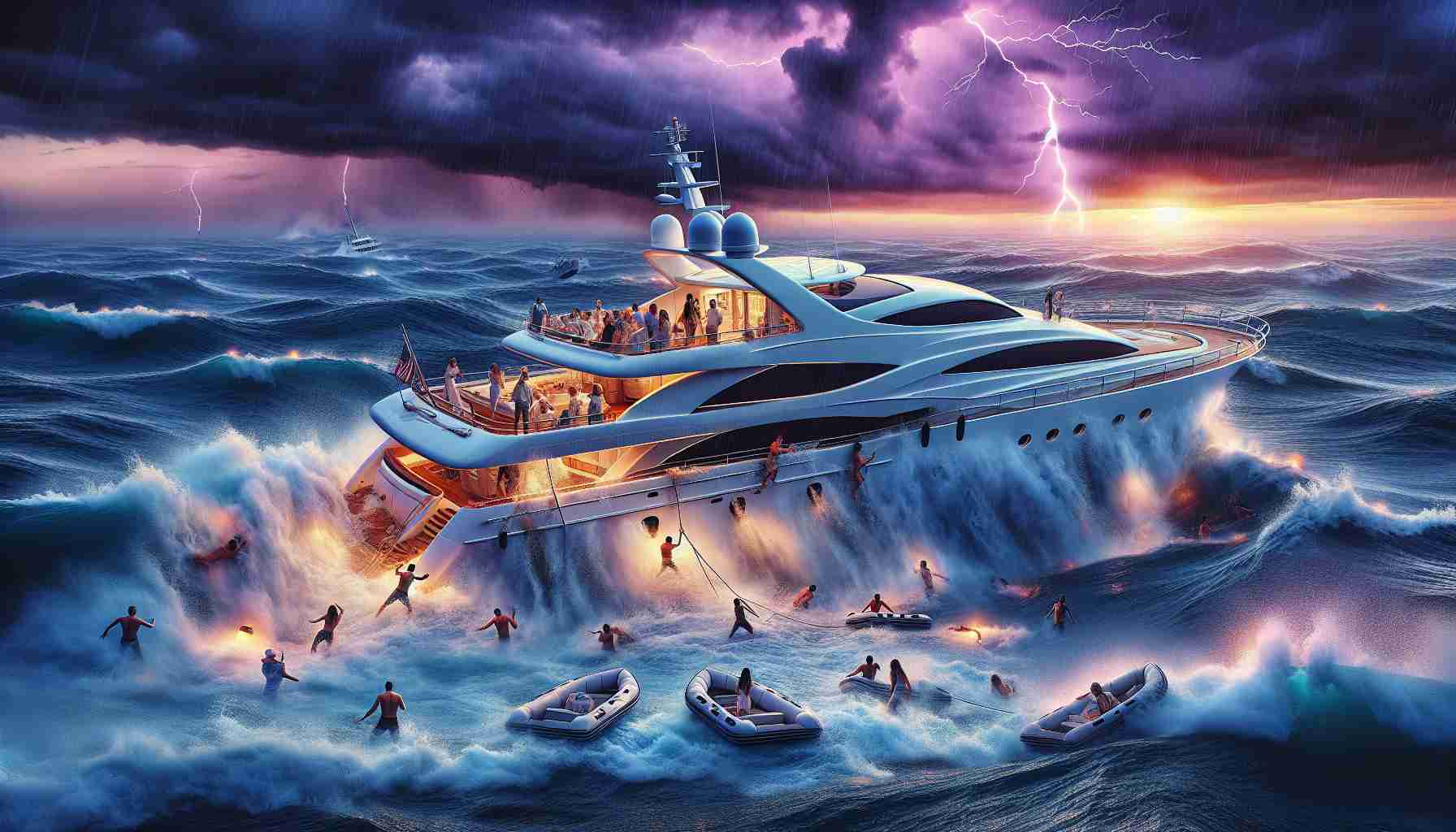 A vivid, high-definition image of a tragic yacht incident unfolding. The scene captures a white, luxurious yacht floundering amidst sea waves at twilight. The people on board, a mix of genders and descents including Caucasian, Hispanic, Black and Asian individuals, are visible amidst the chaos, some attempting to stabilize the yacht while others prepare lifeboats. The sky above is filled with stormy clouds and bolts of lightning punctuate the ominous horizon. Despite the grim situation, there is a spark of dramatic beauty in the way the vibrant hues of twilight interact with the tumultuous ocean.