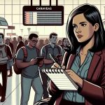 Illustration of a focused Hispanic female journalist with a notepad and pen, standing in a bustling airport. Passengers of various descents passing by. Subtly in the background, a departure board displays 'Caracas' indicating the location as Venezuela. The expressions on the faces of people around her suggest confusion and concern, capturing an aura of international outrage.