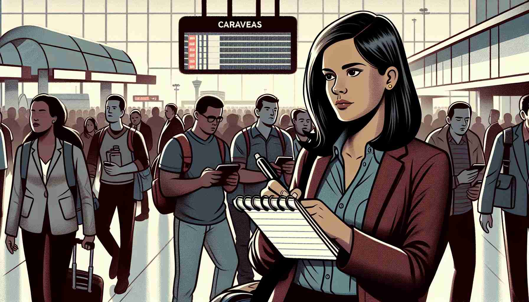 Illustration of a focused Hispanic female journalist with a notepad and pen, standing in a bustling airport. Passengers of various descents passing by. Subtly in the background, a departure board displays 'Caracas' indicating the location as Venezuela. The expressions on the faces of people around her suggest confusion and concern, capturing an aura of international outrage.