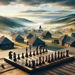 Realistic high-definition image capturing a dynamic and strategic scene set in the West of Ukraine. Illustrate the vast landscape with the Carpathian Mountain range in the backdrop, dotted with sparse historical architecture. Associate the strategy aspect with chess pieces strategically placed on a wooden table in the foreground, signifying strategic advances. Morning sun highlighting the chess pieces and creating long shadows to give the scene further depth and drama.