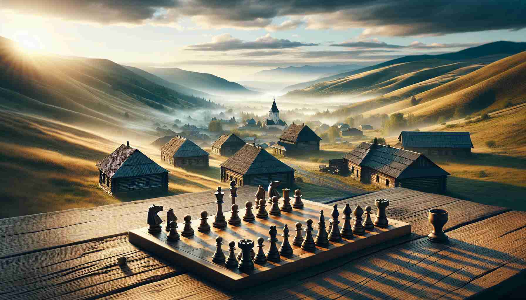 Realistic high-definition image capturing a dynamic and strategic scene set in the West of Ukraine. Illustrate the vast landscape with the Carpathian Mountain range in the backdrop, dotted with sparse historical architecture. Associate the strategy aspect with chess pieces strategically placed on a wooden table in the foreground, signifying strategic advances. Morning sun highlighting the chess pieces and creating long shadows to give the scene further depth and drama.