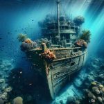 Generate a hyper-realistic high-definition image of a mysterious shipwreck just discovered. The ship is old and weather-beaten, with marine life covering parts of the hull. It is partially enclosed by clusters of colorful corals, while various fish swim curiously around it. The vessel lies at the bottom of a crystal-clear ocean, with rays of sunlight streaming down from the surface, illuminating the eerie yet awe-inspiring sight. The ship has a spectral quality, encapsulating the mystery and intrigue of its untold history.