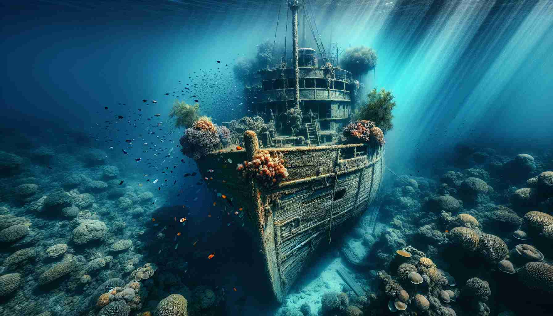 Generate a hyper-realistic high-definition image of a mysterious shipwreck just discovered. The ship is old and weather-beaten, with marine life covering parts of the hull. It is partially enclosed by clusters of colorful corals, while various fish swim curiously around it. The vessel lies at the bottom of a crystal-clear ocean, with rays of sunlight streaming down from the surface, illuminating the eerie yet awe-inspiring sight. The ship has a spectral quality, encapsulating the mystery and intrigue of its untold history.