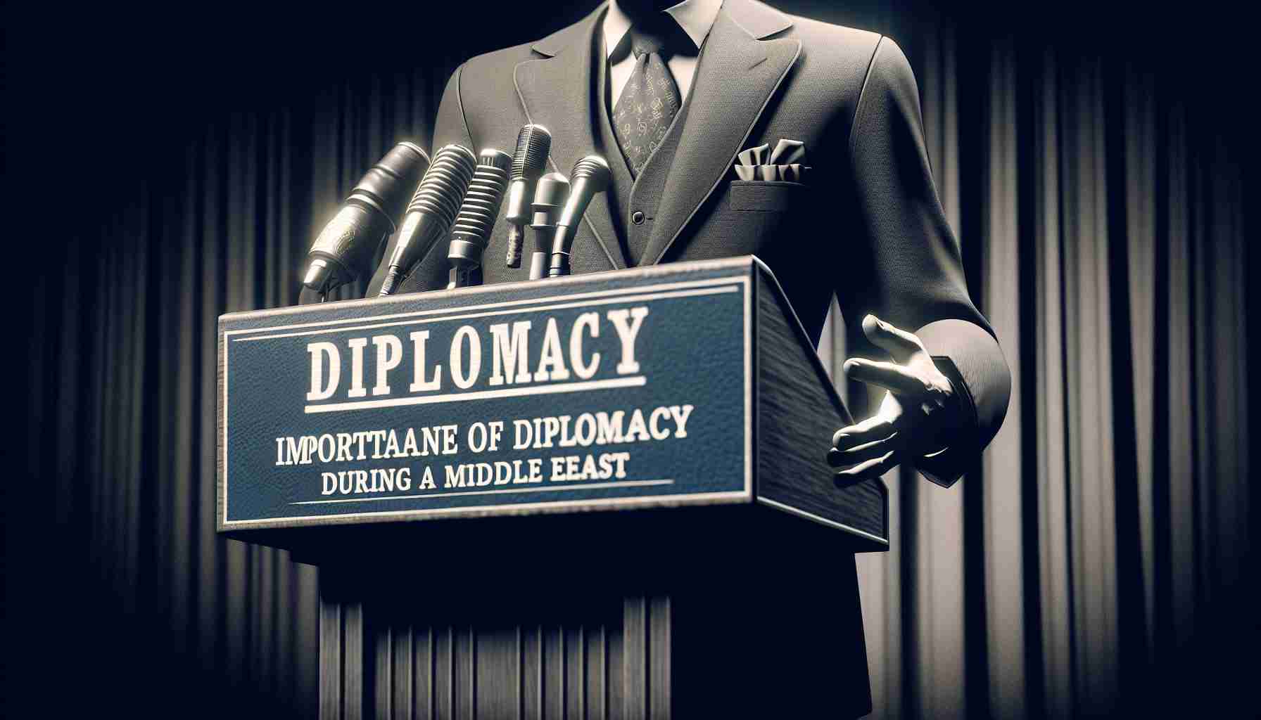 A highly detailed photograph-like image depicting a politician emphasizing the importance of diplomacy during a Middle Eastern crisis. This image might show a suited figure expressing a powerful speech at a podium, with a placard displaying 'Diplomacy' and 'Middle East' to illustrate the context of the ongoing diplomatic discussions for peace. The person is not shown as a specific recognizable individual but a general representation of a diplomat, aligning with the request of showing the importance of diplomacy in a crisis situation.