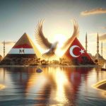 A high-resolution, realistic digital artwork showcasing a symbolic representation of Joint Efforts for Peace, with a conceptual depiction of Egypt and Turkey in form of national symbols, like pyramids and a minaret, amidst a calm scene indicating a call for ceasefire. There should be a visible symbol of peace, such as a white dove flying in the sky above. The environment should reflect tranquility and hope, perhaps with a setting sun bowing down for the day, illuminating the scene in golden hues.