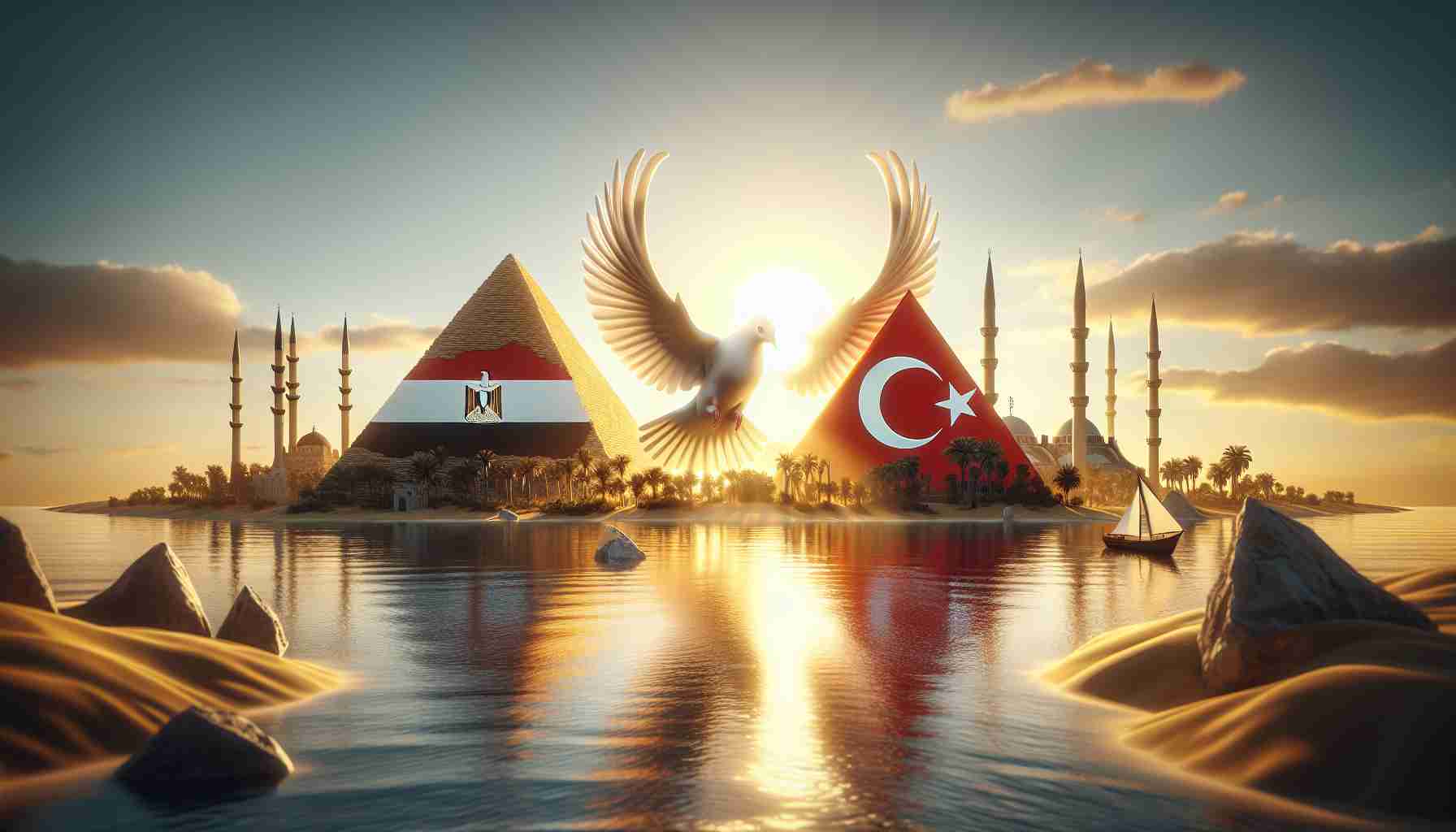 A high-resolution, realistic digital artwork showcasing a symbolic representation of Joint Efforts for Peace, with a conceptual depiction of Egypt and Turkey in form of national symbols, like pyramids and a minaret, amidst a calm scene indicating a call for ceasefire. There should be a visible symbol of peace, such as a white dove flying in the sky above. The environment should reflect tranquility and hope, perhaps with a setting sun bowing down for the day, illuminating the scene in golden hues.