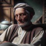 A realistic, high-definition photo of an elderly South Asian man in traditional Afghani clothing, sitting peacefully in a home environment. His face shows signs of age and experiences, possibly even past hardships, and his demeanor is tranquil as if he's just fallen into a gentle sleep.