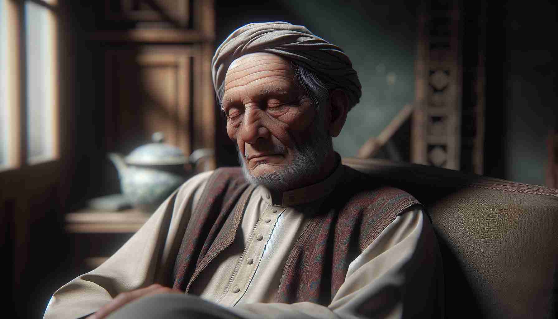 A realistic, high-definition photo of an elderly South Asian man in traditional Afghani clothing, sitting peacefully in a home environment. His face shows signs of age and experiences, possibly even past hardships, and his demeanor is tranquil as if he's just fallen into a gentle sleep.