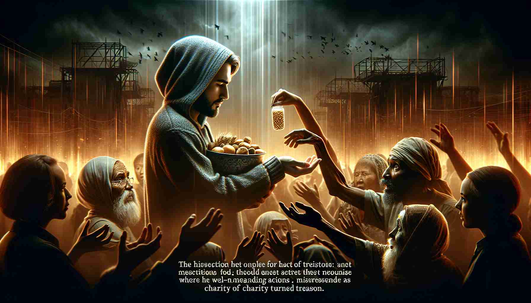 A high-definition visual narrative of a story titled, "Unjustly Accused: A Story of Charity Turned Treason". This image should depict key elements of the story, starting with an act of charity, such as a woman giving food to those in need, then transitioning to a sudden twist, where the well-meaning actions are misrepresented as an act of treason. The atmosphere should be intense and the image full of drama. The woman may be portrayed as Caucasian, and the people she helps could be a diverse mix of descents.