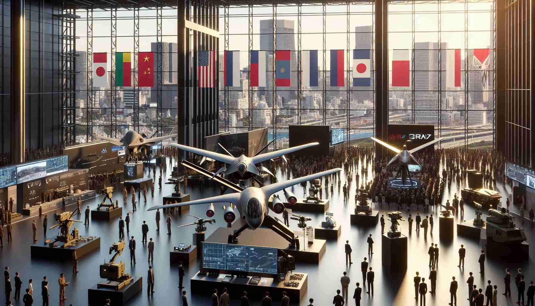 An HD, detail-driven image showcasing an international arms exhibition scene in Tokyo. In the fore, new military technology is being exhibited: radar systems, unmanned drones, and state-of-the-art combat gear. The backdrop emphasizes the global scale of the event with country flags, signages in multiple languages, and an audience of diverse nationalities. The aesthetic captures Tokyo's skyline through venue's large panoramic windows. Please also depict shadows and reflections to enhance the realism.