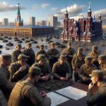 A realistic high-definition image showing a group of military soldiers, of mixed genders and diverse descents such as Caucasian, Hispanic, and Middle-Eastern, in a setting that suggests the advancement of a battalion. The scene is set in a location resembling the city of Kursk, with its striking buildings and infrastructures infused in the backdrop. The soldiers are seen articulating thoughtful strategies, signaling progress on their mission. The scene embodies an aura of serious diligence and strategic planning. Note: no specific references to any real-life events or military operations.