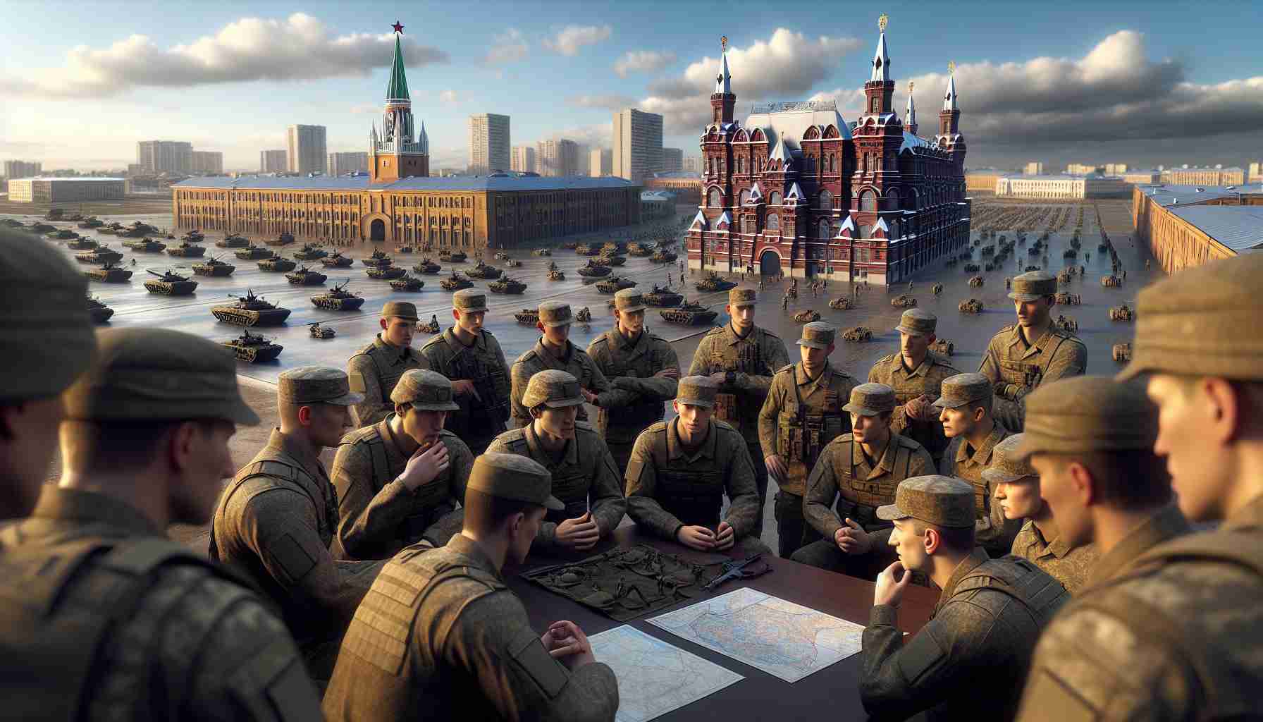 A realistic high-definition image showing a group of military soldiers, of mixed genders and diverse descents such as Caucasian, Hispanic, and Middle-Eastern, in a setting that suggests the advancement of a battalion. The scene is set in a location resembling the city of Kursk, with its striking buildings and infrastructures infused in the backdrop. The soldiers are seen articulating thoughtful strategies, signaling progress on their mission. The scene embodies an aura of serious diligence and strategic planning. Note: no specific references to any real-life events or military operations.