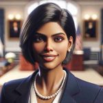 Realistic high-definition portrait of a trailblazing female politician with South Asian and Black descent, donning a navy blue suit and pearl necklace. She carries an aura of authority, her almond-shaped eyes reflecting intelligence and her contagious smile emanating hope. She is standing against a background of a well-decorated office, signifying her high-ranking position.