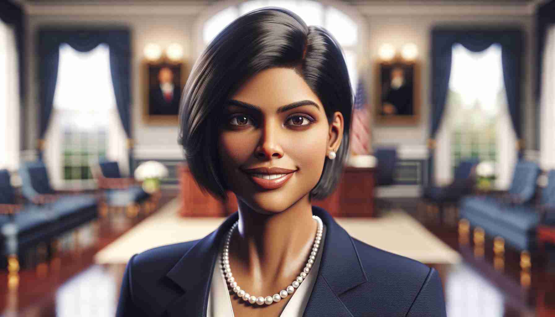 Realistic high-definition portrait of a trailblazing female politician with South Asian and Black descent, donning a navy blue suit and pearl necklace. She carries an aura of authority, her almond-shaped eyes reflecting intelligence and her contagious smile emanating hope. She is standing against a background of a well-decorated office, signifying her high-ranking position.