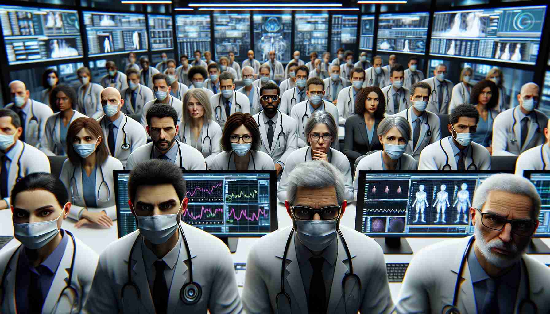 An incredibly detailed high-definition realistic image that depicts a group of health authorities, composed of diverse genders and descents. The group includes caucasian, black, middle-eastern, hispanic and south Asian members all making up a team of doctors, scientists, and healthcare professionals. They are in a state of high alert, displayed through facial expressions and body language, inside an advanced, high-tech monitoring room, filled with screens showing case numbers, graphs, and other data. There's a sense of tension and urgency, framed under the context of an emergent unprecedented virus variant.