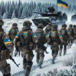 A highly detailed image showcasing the military forces of an Eastern European country, dressed in camouflage uniforms with a distinct blue and yellow insignia on their arms, advancing tactically on a terrain representative of an Eastern Slavic region during a mild snowfall. The atmosphere is tense, but determined. There is insignia-less military hardware, such as tanks and military trucks, scattered across the landscape. Snowy coniferous forest in the backdrop offers stark contrast against the harsh reality of military operations. Please avoid displaying any national flags or explicit identifiers of real-world countries.