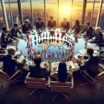 Create an image with vivid detail and clarity, a scene of a high-stakes diplomatic exchange unfolding. A large round table is in the center, topped with various documents and a collection of small national flags. Around this table, a diverse group of diplomats engaged in intense discussion. There should be men and women, representing a global mix of descent, such as Asian, Middle Eastern, Hispanic, and Caucasian. Their expressions show the gravity of the situation. In the background, floor-to-ceiling glass windows reveal a cityscape at sunset, casting a warm glow on the entire scene.