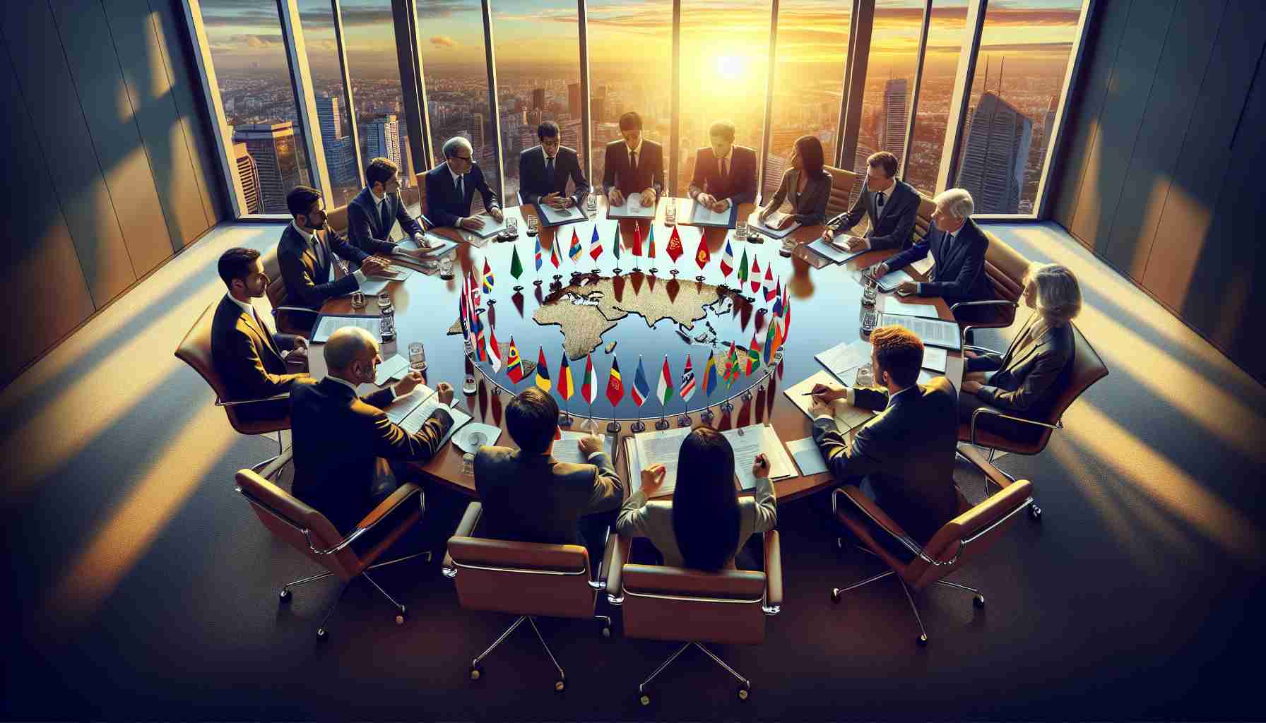 Create an image with vivid detail and clarity, a scene of a high-stakes diplomatic exchange unfolding. A large round table is in the center, topped with various documents and a collection of small national flags. Around this table, a diverse group of diplomats engaged in intense discussion. There should be men and women, representing a global mix of descent, such as Asian, Middle Eastern, Hispanic, and Caucasian. Their expressions show the gravity of the situation. In the background, floor-to-ceiling glass windows reveal a cityscape at sunset, casting a warm glow on the entire scene.