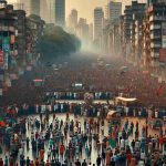 High definition image showcasing a massive political demonstration occurring in Bangladesh, with the city's daily life coming to a pause. Depict streets filled with people: diverse men and women of various ages, all standing in solidarity. Capture an air of tension, but also determination and unity. Feature vivid details such as banners with slogans, individuals engaged in passionate conversations, cityscapes in the background, and evidence of the disruption to day-to-day activities like transportation and commerce.