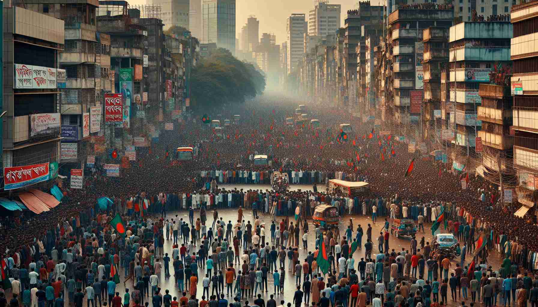 High definition image showcasing a massive political demonstration occurring in Bangladesh, with the city's daily life coming to a pause. Depict streets filled with people: diverse men and women of various ages, all standing in solidarity. Capture an air of tension, but also determination and unity. Feature vivid details such as banners with slogans, individuals engaged in passionate conversations, cityscapes in the background, and evidence of the disruption to day-to-day activities like transportation and commerce.