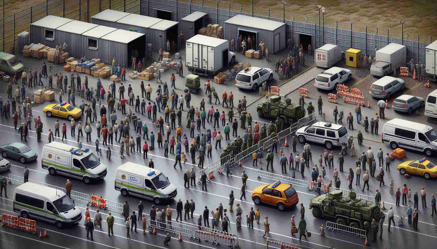 A high-definition photograph depicting an evacuation scene in the Russian border area. Visible signs of heightened security are evident, with miscellaneous structures, roadblocks and emergency services vehicles. Civilian characters represent diverse genders and descents, including Caucasian, Black, and Asian individuals. They're seen with mixed expressions of concern, curiosity, and resilience. This image carries a realistic tone and showcases the impact of safety concerns on regular life.