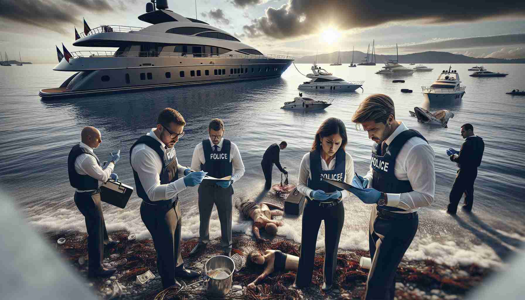 Generate a realistic high-definition image showcasing a dramatic scene of an investigation taking place after a tragic yacht accident. The image includes investigators, potentially of different descents such as Hispanic and Middle-eastern, male and female, collecting evidence and communicating near the accident site, with a damaged luxury yacht visible in the background near the sea.