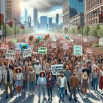 High definition, hyper-realistic image of a diverse group of people protesting for climate change action across the streets of Chicago. The crowd is filled with individuals of various descents such as Caucasian, Hispanic, Black, Middle-Eastern, and South Asian, and includes both men and women. They are holding signs and banners advocating for environmental consciousness and against irresponsible behaviors contributing to climate change. The backdrop includes Chicago's iconic skyline under a clear sky.