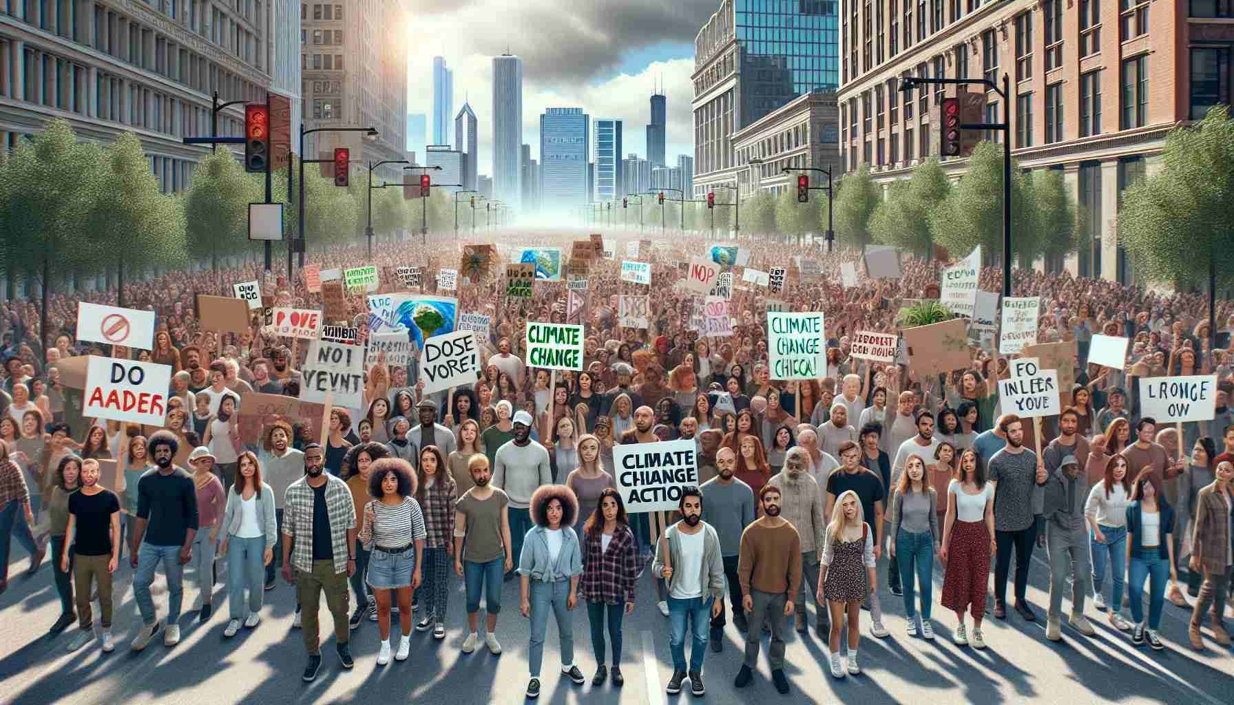 High definition, hyper-realistic image of a diverse group of people protesting for climate change action across the streets of Chicago. The crowd is filled with individuals of various descents such as Caucasian, Hispanic, Black, Middle-Eastern, and South Asian, and includes both men and women. They are holding signs and banners advocating for environmental consciousness and against irresponsible behaviors contributing to climate change. The backdrop includes Chicago's iconic skyline under a clear sky.