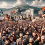 A realistic, high-definition image depicting a passionate protest against a controversial mining project in a Balkan country. Crowd members should display a variety of emotions, from determination to anger. The scene should contain a range of elements typical for such protests: handmade signs, people chanting, waving flags, and public speeches being given. The backdrop should be a mix of urban environment and nature hinting at the controversial mining site. Individuals in the scene should be diverse in terms of gender and race, including Caucasian and South Asian males and females.