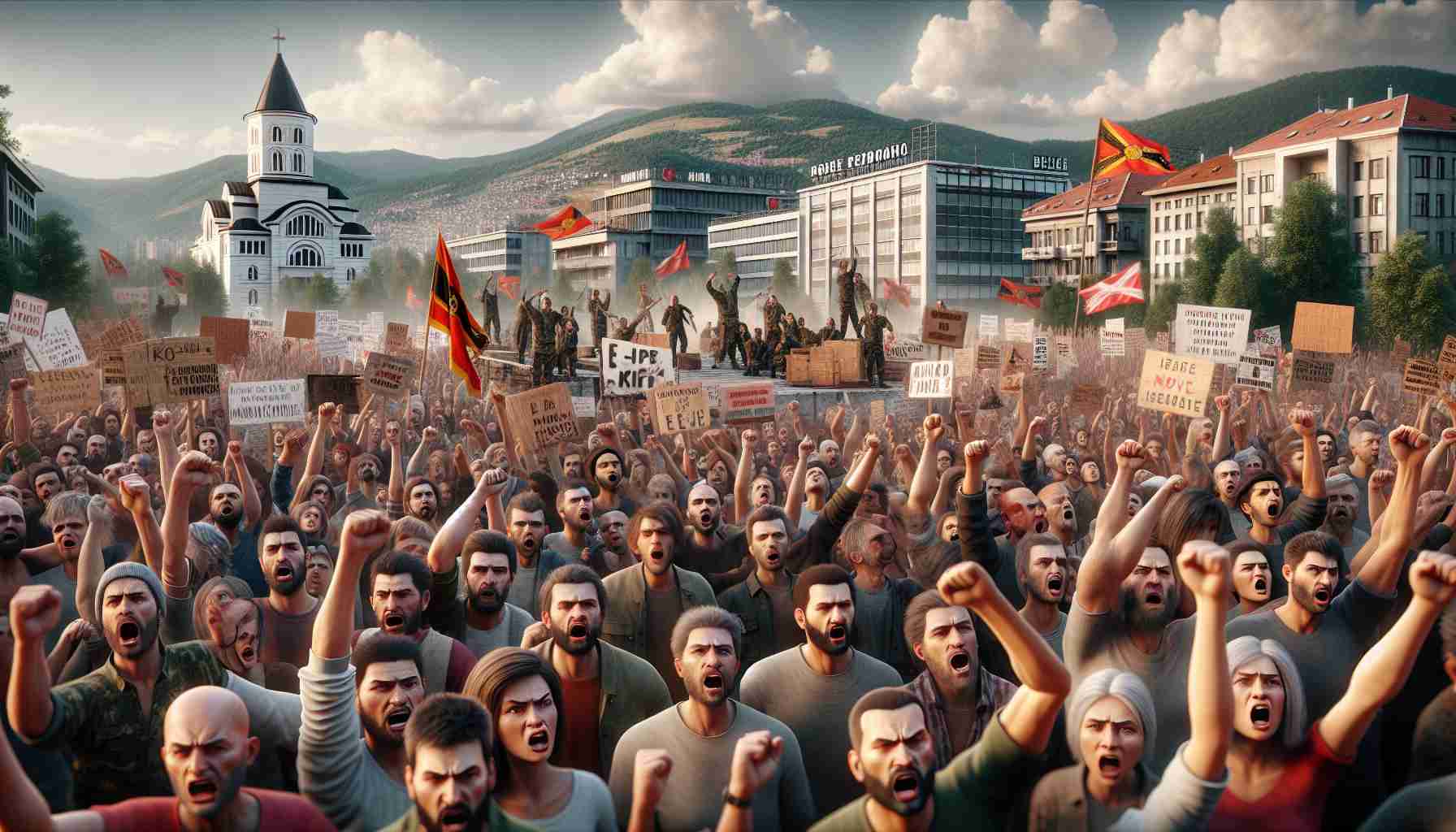 A realistic, high-definition image depicting a passionate protest against a controversial mining project in a Balkan country. Crowd members should display a variety of emotions, from determination to anger. The scene should contain a range of elements typical for such protests: handmade signs, people chanting, waving flags, and public speeches being given. The backdrop should be a mix of urban environment and nature hinting at the controversial mining site. Individuals in the scene should be diverse in terms of gender and race, including Caucasian and South Asian males and females.