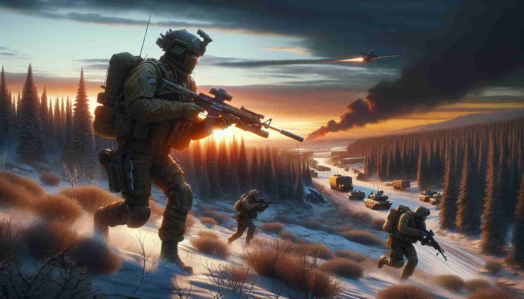 Realistic HD illustration of a fictional Eastern European military power making significant advancements into the territory of a fictional northern neighbor.