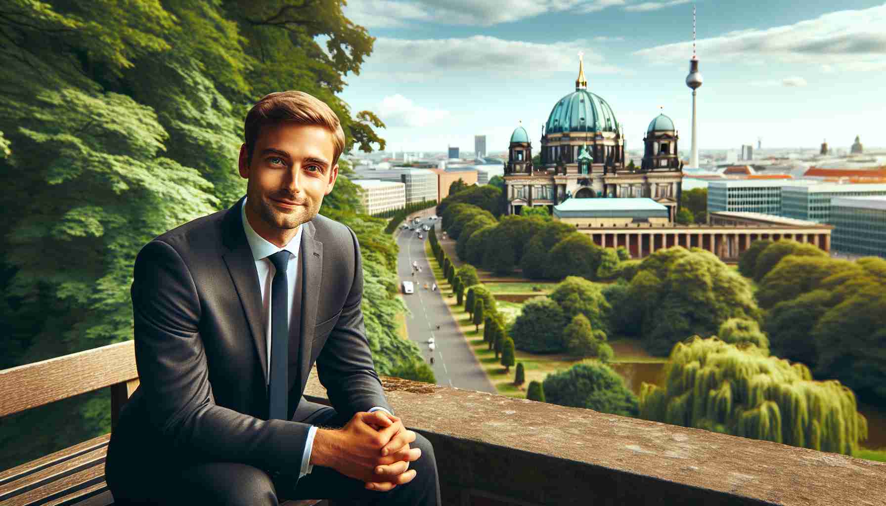 High-resolution image showing a British politician relaxing in a serene environment in Berlin, symbolizing the strengthening of relations with the European Union. The scene includes a landscape of Berlin's beautiful architecture and greenery, exemplifying both cultural and environmental harmonies. The politician can be a middle-aged, Caucasian male dressed in a formal suit, sitting relaxed on a park bench with a friendly expression on his face as he overlooks the cityscape.