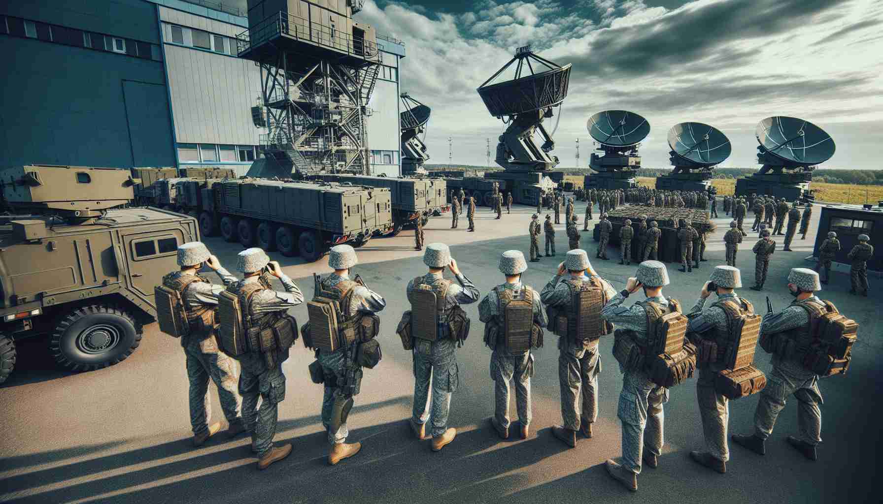 High-definition image of a Belarusian military base with soldiers reinforcing security measures. The scene shows advanced equipment and soldiers attentively scanning the skies, indicative of heightened measures following an airspace breach.