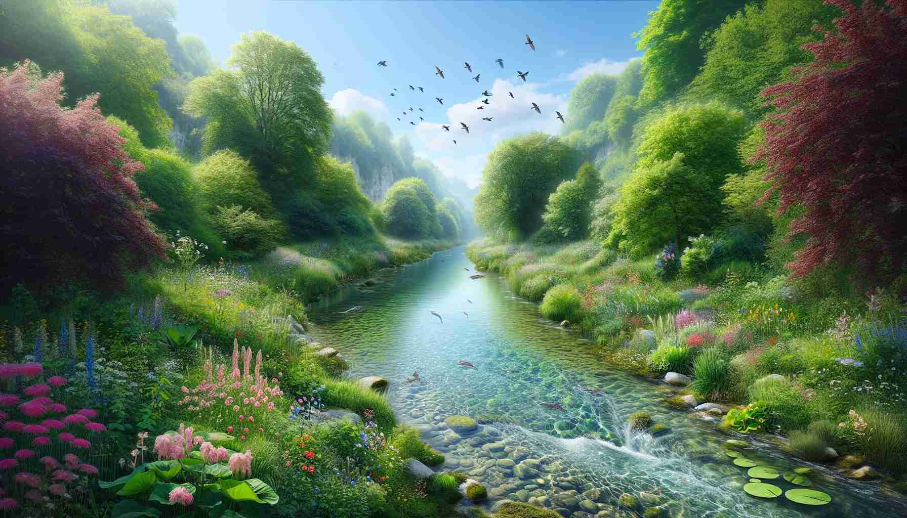 Generate a high-definition photo realistically illustrating the revitalization of Europe's water bodies. The image should include clear, sparkling water in a river or lake, surrounded by lush, green vegetation and blooming flowers. It'll also depict the return of wildlife, such as birds taking flight and fishes visible in the clear water. The backdrop should feature some of Europe's iconic landmarks, hinting at the geographical setting.