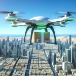 High-definition realistic depiction of pioneering drone delivery service being launched in a Middle-Eastern country, showcasing a drone carrying a small package, hovering over a cityscape. The drone has futuristic design elements, with a green light indicating its active status. It's a bright sunny day, reflecting off the city buildings and the drone, with cloudless blue sky above. This revolution in logistics indicates how technology advancements are transforming traditional methods of delivery.